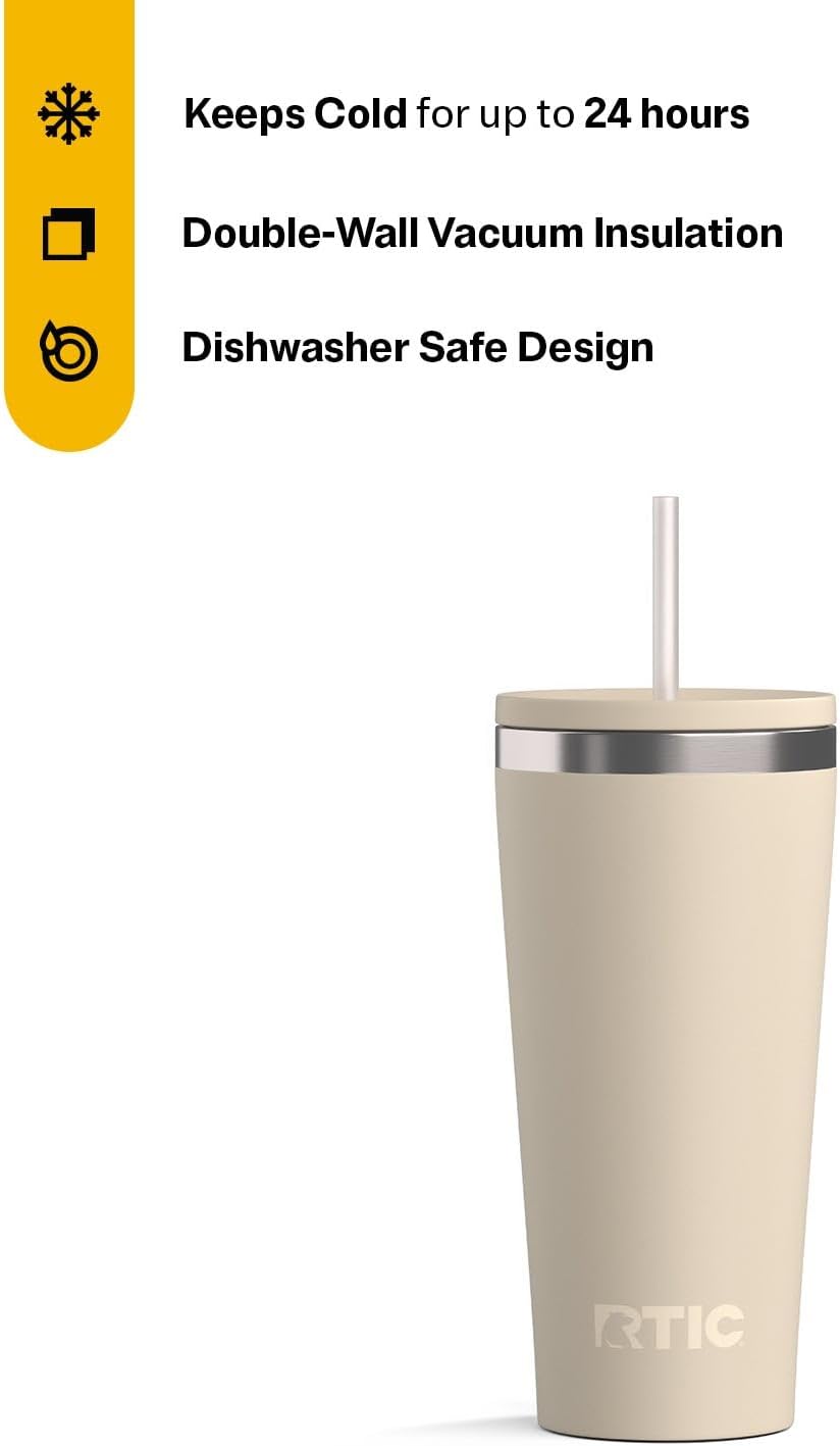 RTIC 20oz Everyday Tumbler Insulated Stainless Steel Portable Travel Coffee Cup with Straw, Ceramic Lining, Spill-Resistant Lid, BPA-Free, Hot and Cold Drink, Beach