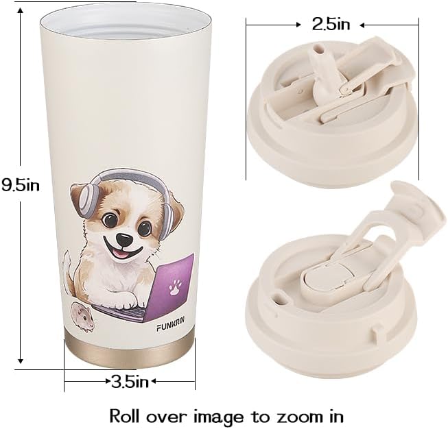 Funkrin Coffee Travel Mug with Straw & Flip Lid, 16oz Insulated Tumbler Cup with Ceramic Coating, Double Wall Vacuum Leak-Proof Mug for Office School Party Camping