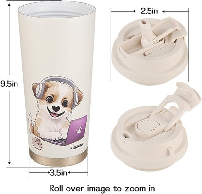 Funkrin Coffee Travel Mug with Straw & Flip Lid, 16oz Insulated Tumbler Cup with Ceramic Coating, Double Wall Vacuum Leak-Proof Mug for Office School Party Camping