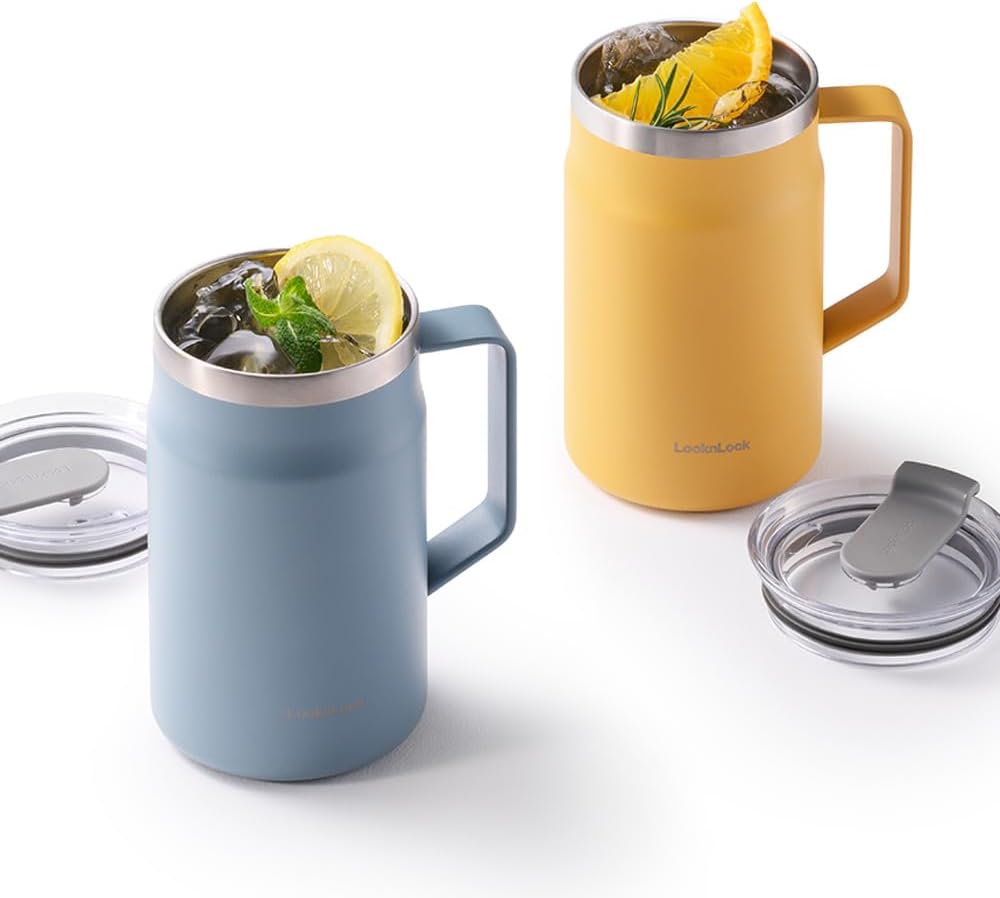 LocknLock Metro Mug Premium 18/8 Stainless Steel Double Wall Insulated with Handle Perfect for table with Lid, Black, 16 oz