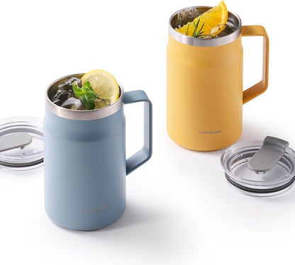 LocknLock Metro Mug Premium 18/8 Stainless Steel Double Wall Insulated with Handle Perfect for table with Lid, Black, 16 oz