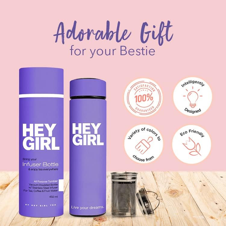 Hey Girl Tea Infuser Bottle 450ml - Insulated Stainless Steel Water Bottle - Tea Tumbler with Tea Diffuser - Portable Travel Mug for Loose Leaf Tea & Infused Water - Tea Lovers Gifts for Women (Pink)