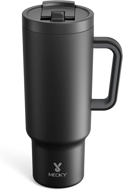 Meoky 32 oz Tumbler with Handle and Flip Straw, 100% Leakproof Tumbler with Lid and Straw, Stainless Steel Insulated Cup, Cupholder Friendly, Keeps Cold for 24 Hours (Night)