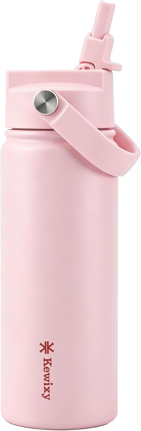 KEWIXY Kids Water Bottle for School, Easy Slide Lid, Leak Proof, Keep Cold 24H, Vacuum Insulated Tumbler, Metal Stainless Steel with Straw and Handle, for Boys&Girls (18OZ, Candy Pink)