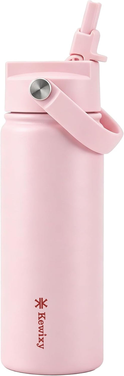 KEWIXY Kids Water Bottle for School, Easy Slide Lid, Leak Proof, Keep Cold 24H, Vacuum Insulated Tumbler, Metal Stainless Steel with Straw and Handle, for Boys&Girls (18OZ, Candy Pink)