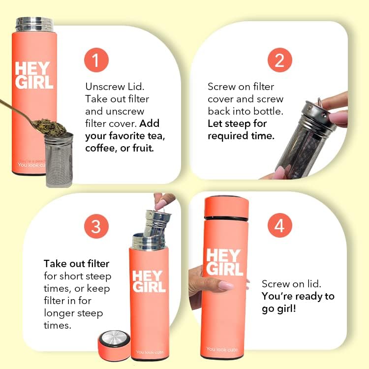 Hey Girl Tea Infuser Bottle 450ml - Insulated Stainless Steel Water Bottle - Tea Tumbler with Tea Diffuser - Portable Travel Mug for Loose Leaf Tea & Infused Water - Tea Lovers Gifts for Women (Pink)