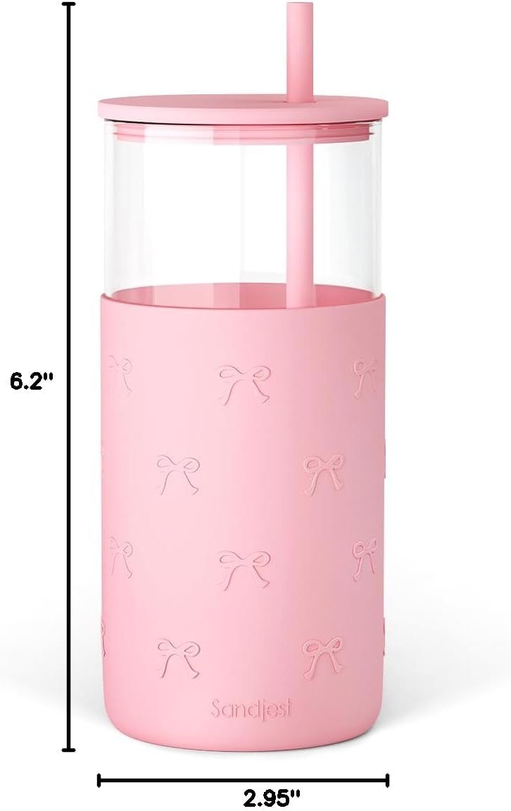 SANDJEST Glass Tumbler with Straw and Lid, Glass Water Bottle with Silicone Sleeve 20oz, Smoothie, Iced Coffee Cup, Gifts for Women Teen Girls Birthday Christmas (Cream)