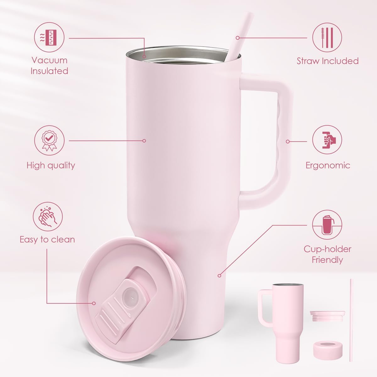 Floral Tumbler with Handle 40oz, Stainless Steel Insulated Tumblers Coffee Travel Mug Cup with Straw, Flower Coffee Cup Gifts for Women Girls, Gift for Her on Christmas Birthday Mothers Day