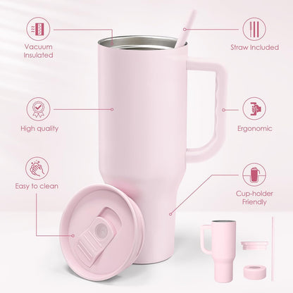 Floral Tumbler with Handle 40oz, Stainless Steel Insulated Tumblers Coffee Travel Mug Cup with Straw, Flower Coffee Cup Gifts for Women Girls, Gift for Her on Christmas Birthday Mothers Day
