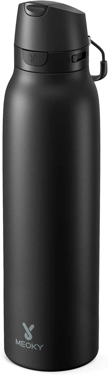 Meoky 24 oz Slim Insulated Water Bottle: Leak Proof Locking Lid, 2-in-1 Straw and Spout, 24 Hours Cold, Top Handle, BPA Free, Stainless Steel Water Bottle for Men Sports Travel Gym, Night