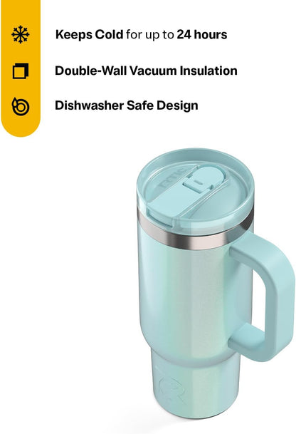 RTIC Little Road Trip Tumbler 16oz for Kids with Straw Lid and Handle, Ceramic Lined, Insulated Stainless Steel Travel Water Mug Cup, Leak-Proof, RTIC Ice Glitter