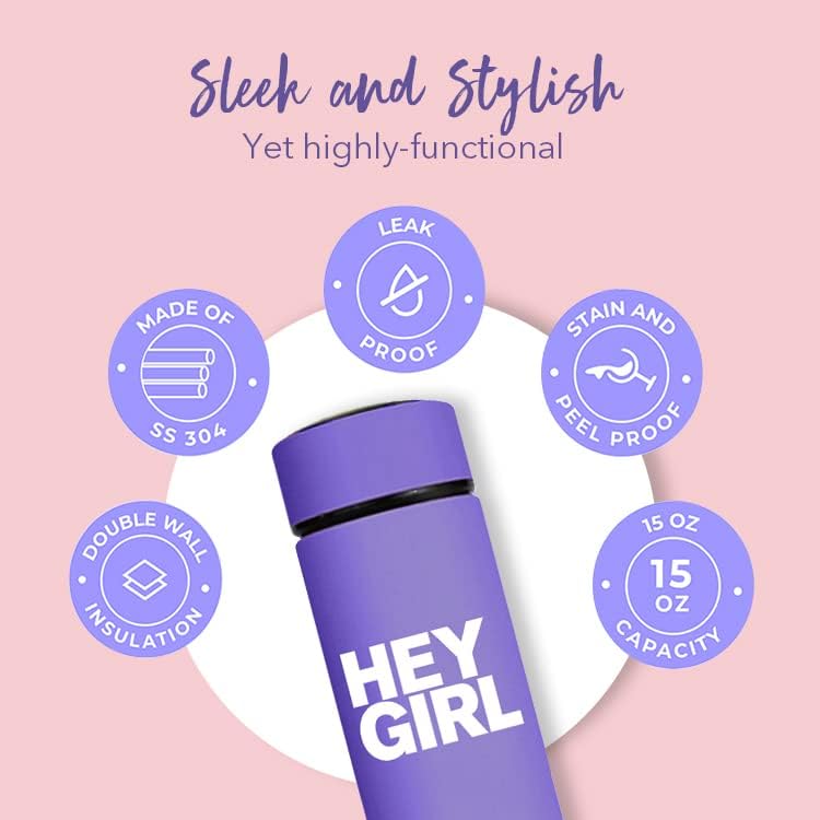 Hey Girl Tea Infuser Bottle 450ml - Insulated Stainless Steel Water Bottle - Tea Tumbler with Tea Diffuser - Portable Travel Mug for Loose Leaf Tea & Infused Water - Tea Lovers Gifts for Women (Pink)