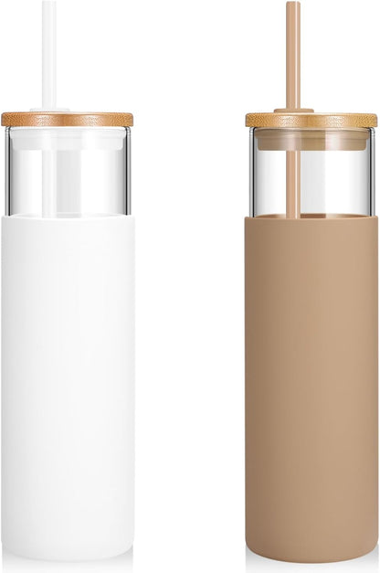 Tronco 24 oz Glass Tumbler with Lids and Straw, Reusable Iced Coffee Cup & Smoothie Cup with Bamboo Lid, Silicone Sleeve, Dishwasher Safe, BPA-Free Borosilicate Glass, 1 Pack