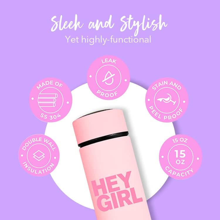 Hey Girl Tea Infuser Bottle 450ml - Insulated Stainless Steel Water Bottle - Tea Tumbler with Tea Diffuser - Portable Travel Mug for Loose Leaf Tea & Infused Water - Tea Lovers Gifts for Women (Pink)