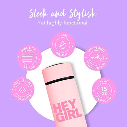 Hey Girl Tea Infuser Bottle 450ml - Insulated Stainless Steel Water Bottle - Tea Tumbler with Tea Diffuser - Portable Travel Mug for Loose Leaf Tea & Infused Water - Tea Lovers Gifts for Women (Pink)