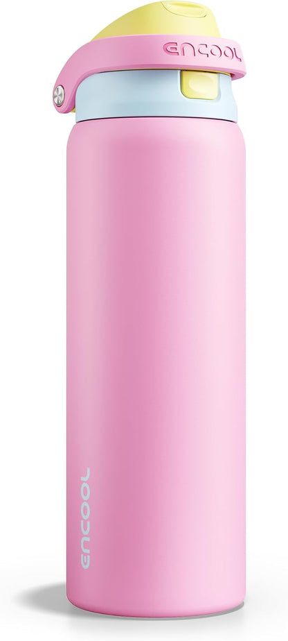 ENCOOL Leakproof Insulated Water Bottle with Straw Dual-Sip Water Bottle Bag-Safe Design for Work, Commute & Gym – Keeps Drinks Cold All Day, 24 oz, Lemonade Pink - Colors B
