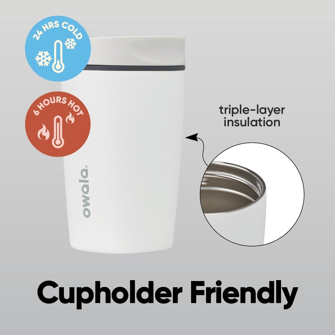 Owala SmoothSip Slider Insulated Stainless Steel Coffee Tumbler, Reusable Iced Coffee Cup, Hot Coffee Travel Mug, BPA Free 12 oz, Peachy Keen