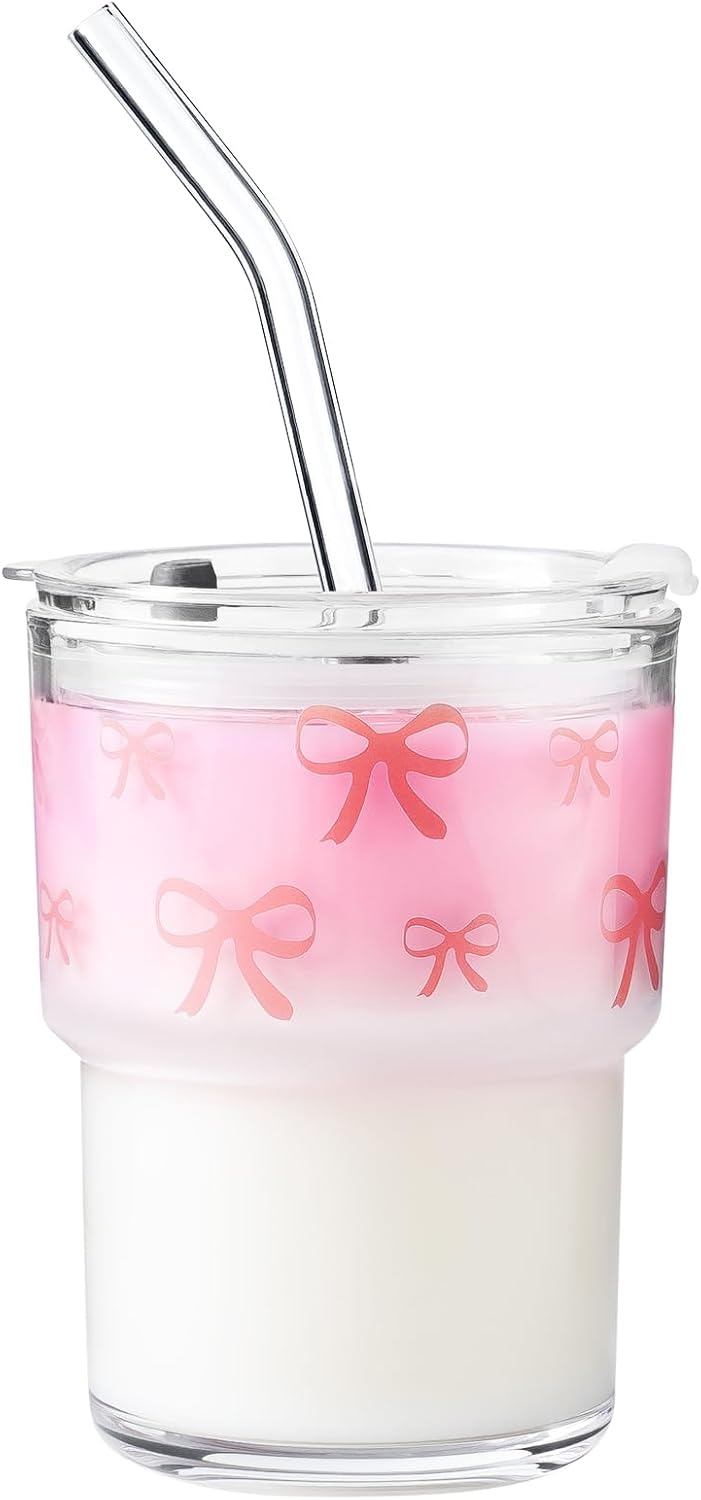 Olvini 13oz Glass Tumbler with Straw and Lid, Reusable Iced Coffee Cup Tumbler, Cute Glass Cups for Water, Matcha, Travel Coffee Mugs (Daisy)