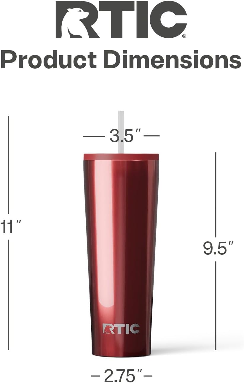 RTIC 20oz Everyday Tumbler Insulated Stainless Steel Portable Travel Coffee Cup with Straw, Ceramic Lining, Spill-Resistant Lid, BPA-Free, Hot and Cold Drink, Beach