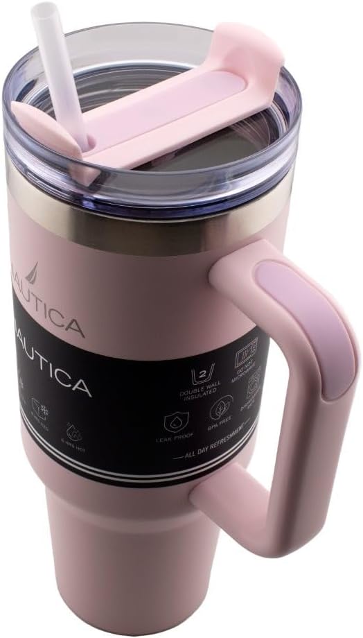 Nautica 40oz Insulated Tumbler with Handle and Straw, Stainless Steel Double Wall Vacuum Travel Mug, Leak-Resistant 3-Way Lid, Keeps Cold for 24 Hours, Fits Car Cup Holders (NAVY)