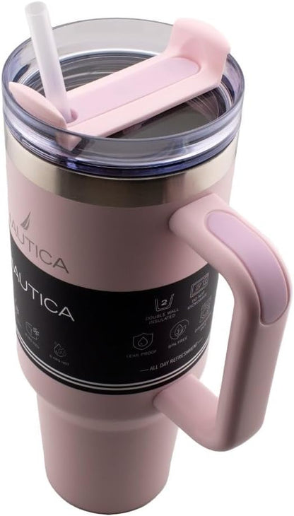 Nautica 40oz Insulated Tumbler with Handle and Straw, Stainless Steel Double Wall Vacuum Travel Mug, Leak-Resistant 3-Way Lid, Keeps Cold for 24 Hours, Fits Car Cup Holders (NAVY)