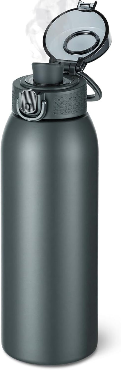 Insulated Water Bottle 24 oz with Dustproof Lid, Carry Handle & Tea Infuser, BPA-Free & Leakproof, Stainless Steel Water Bottles Ideal for Fitness, Hiking, Office & Outdoor Use (Black)