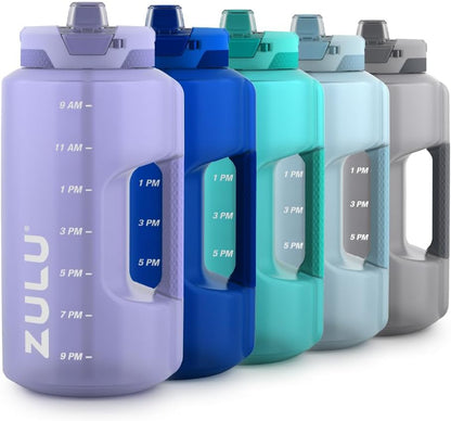 ZULU Goals 64oz Half Gallon Plastic Water Bottle with Straw and Time Marker | Large Reusable Jug with Handle and Leak Proof Lid for All Day Hydration, Gym and Outdoors, Gift Ready, Violet