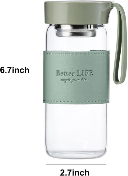 Glass Tea Bottle 16 oz Drinking Bottle with Non-Slip Holster, and Stainless Tea Infuser,Leak Proof Lid,Portable Glass Water Bottle for School, Office, Car & Home,as a gift, etc (Pink)