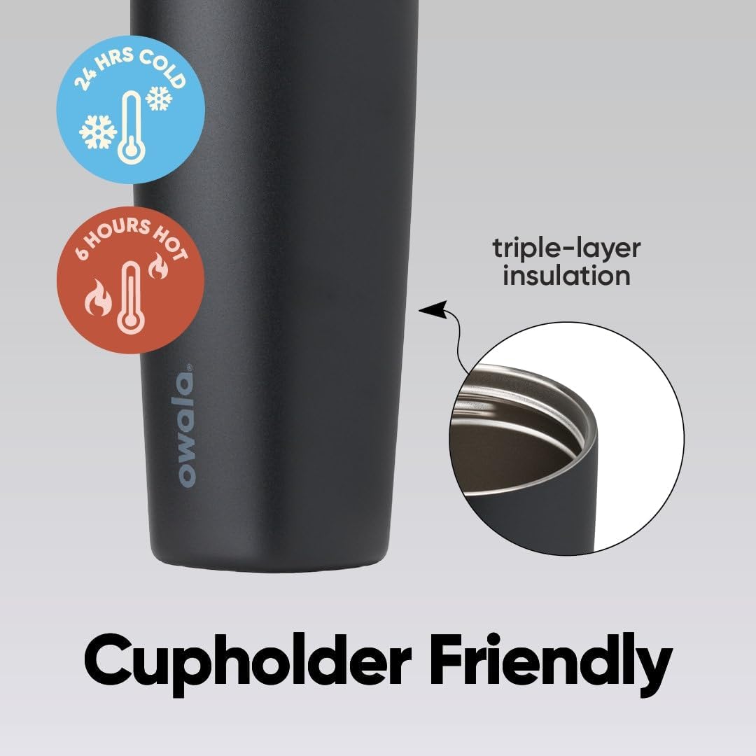 Owala SmoothSip Slider Ceramic-Lined Insulated Stainless Steel Coffee Tumbler, No Metallic Taste Reusable Travel Mug, Hot Iced Coffee Cup, BPA Free 20 oz, Very, Very Dark