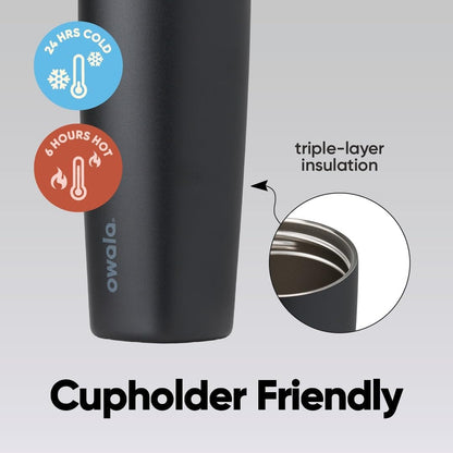 Owala SmoothSip Slider Ceramic-Lined Insulated Stainless Steel Coffee Tumbler, No Metallic Taste Reusable Travel Mug, Hot Iced Coffee Cup, BPA Free 20 oz, Very, Very Dark