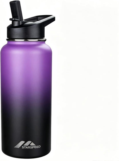 StarSpeed 32oz Insulated Water Bottle with Straw Lid, Stainless Steel Double Walled Vacuum Water Flask, Wide Mouth Sports Water Bottle for Gym Camping Hiking, Indigo Black