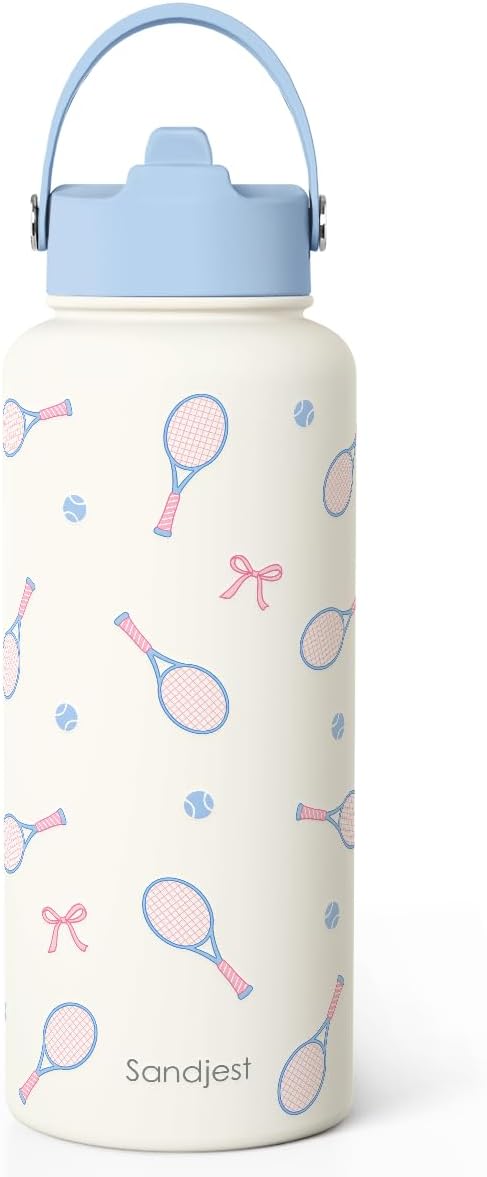 SANDJEST Pickleball Gift for Women, Water Bottle Stainless Steel 32oz with Lid & Straw, Sport Insulated Bottles Gifts for Girls Friends Teens Birthday Christmas
