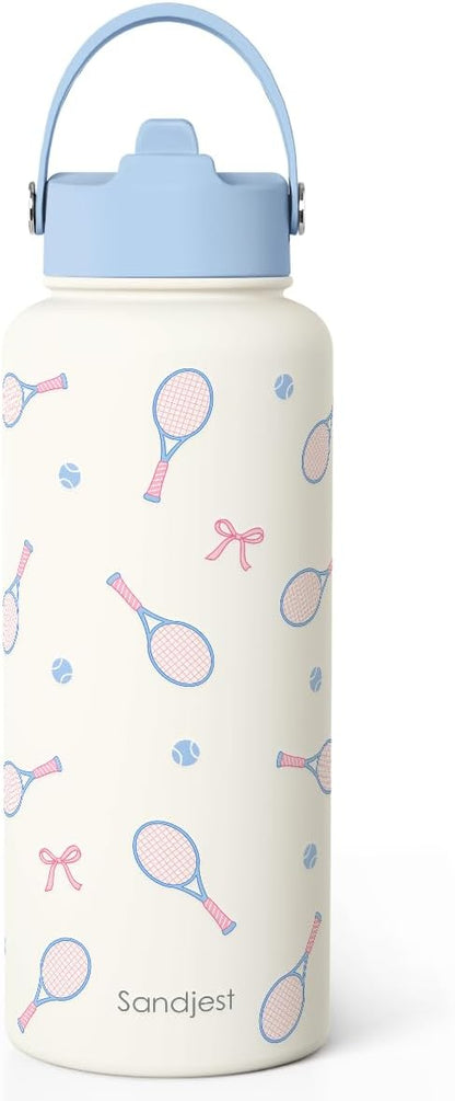 SANDJEST Pickleball Gift for Women, Water Bottle Stainless Steel 32oz with Lid & Straw, Sport Insulated Bottles Gifts for Girls Friends Teens Birthday Christmas