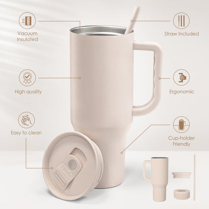 Floral Tumbler with Handle 40oz, Stainless Steel Insulated Tumblers Coffee Travel Mug Cup with Straw, Flower Coffee Cup Gifts for Women Girls, Gift for Her on Christmas Birthday Mothers Day