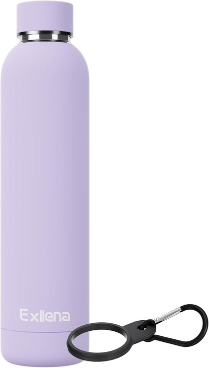 Exllena Slim Insulated Water Bottles for Travel 18oz with Clip, Double Wall Vacuum Stainless Steel Water Bottle Keeps Drinks Cold 24 Hrs/Hot 12 Hrs, 100% Leakproof, BPA Free(Black)