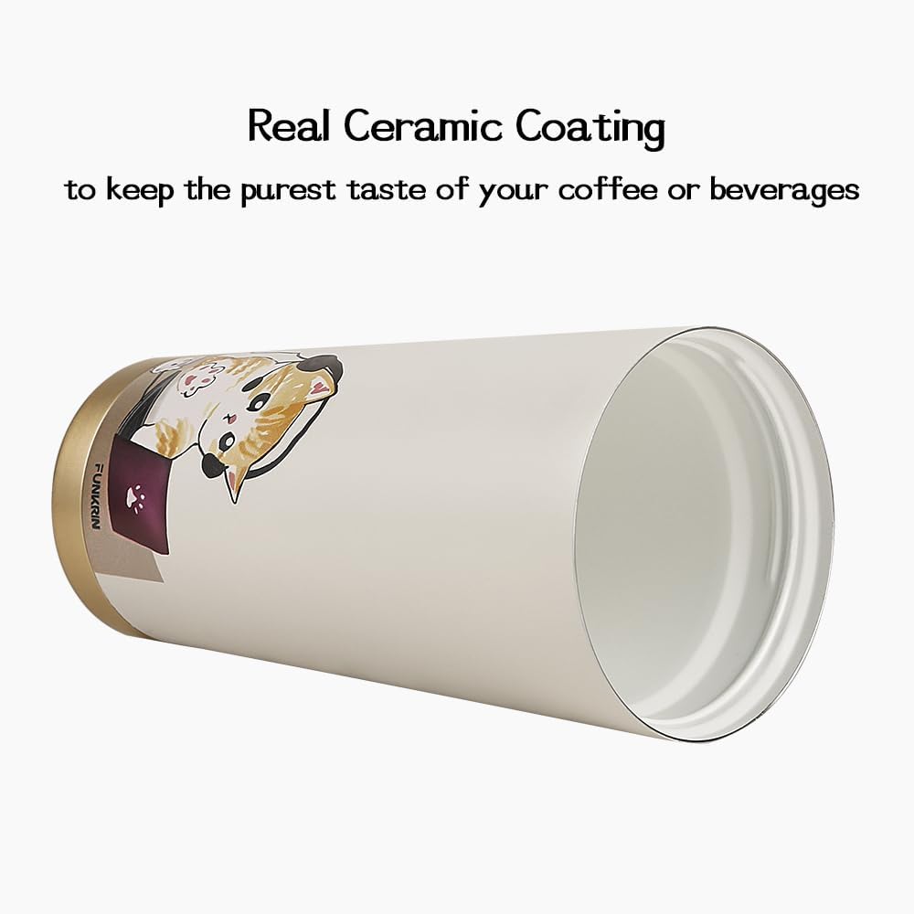 Funkrin Coffee Travel Mug with Straw & Flip Lid, 16oz Insulated Tumbler Cup with Ceramic Coating, Double Wall Vacuum Leak-Proof Mug for Office School Party Camping