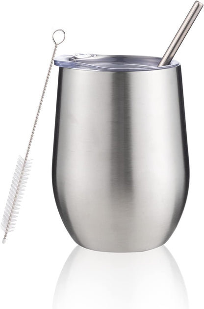 12 oz Insulated Wine Tumbler with Lid and Straw,Stainless Steel Stemless Wine Tumbler Glasses Double Wall Vacuum Wine Cups Tumbler for Coffee,Champaign,Cocktail,Office（Silver,1）