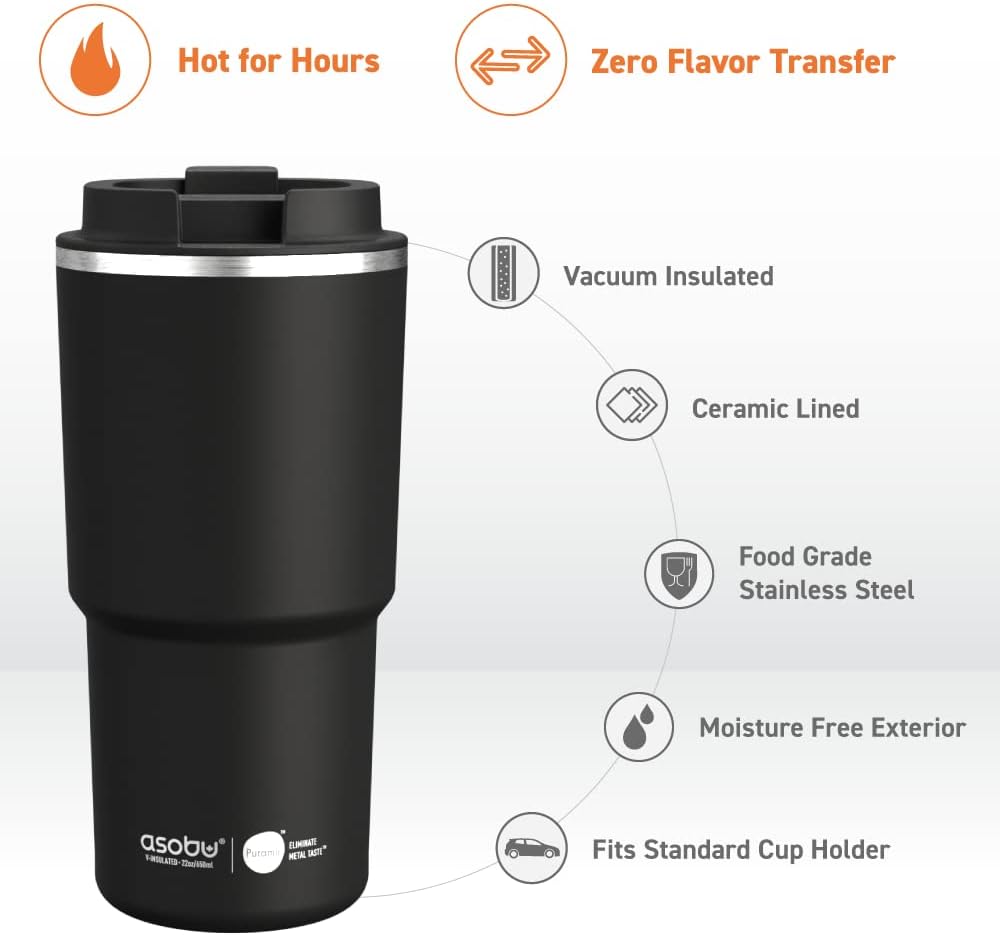asobu 22oz Extra Large Ceramic-Lined Travel Mug with No Metal Taste-Keeps Flavors True - Double-Wall Vacuum Insulated Coffee Mug with Spill-Proof Pop-Open Lid for Hot Drinks