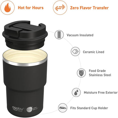 asobu Ultimate Ceramic Travel Mug, 12oz Insulated Stainless Steel Coffee Cup with Handle & Splash-Resistant Lid, Ceramic Lined for Pure Taste, BPA-Free, Double-Wall Vacuum for Hot Drinks