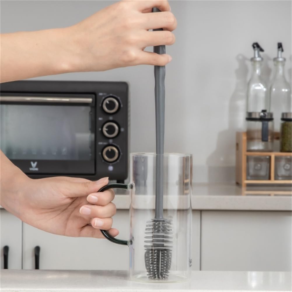 Silicone Soft Bristle Water Bottle Cleaner Brush with Extra Long Handle for Flasks, Tumbler, Glassware, Sports Bottles, Baby Bottles, Vases, Narrow Neck, Gray