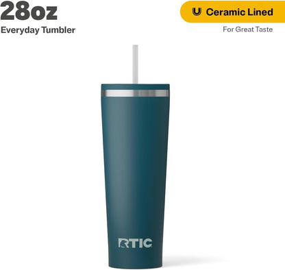 RTIC 20oz Everyday Tumbler Insulated Stainless Steel Portable Travel Coffee Cup with Straw, Ceramic Lining, Spill-Resistant Lid, BPA-Free, Hot and Cold Drink, Beach