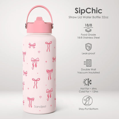 SANDJEST Pickleball Gift for Women, Water Bottle Stainless Steel 32oz with Lid & Straw, Sport Insulated Bottles Gifts for Girls Friends Teens Birthday Christmas
