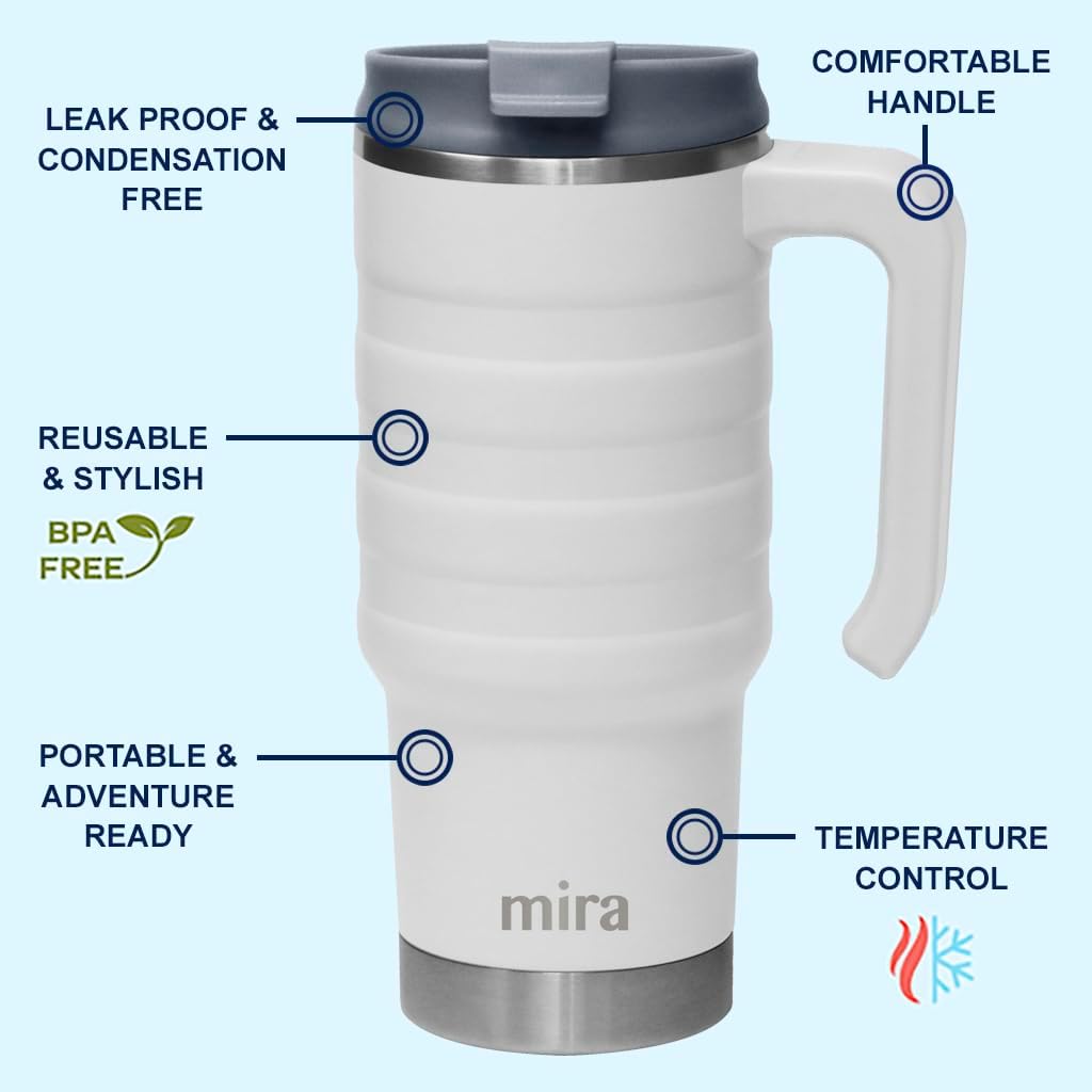 MIRA 24 oz Insulated Travel Mug - Stainless Steel Coffee Cup with Spill-Proof Flip Lid & Handle - Hot/Cold Car Tumbler - Marine