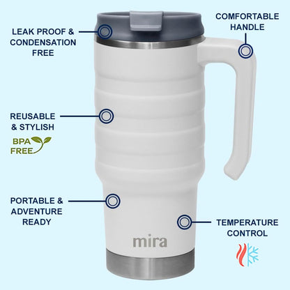 MIRA 24 oz Insulated Travel Mug - Stainless Steel Coffee Cup with Spill-Proof Flip Lid & Handle - Hot/Cold Car Tumbler - Marine