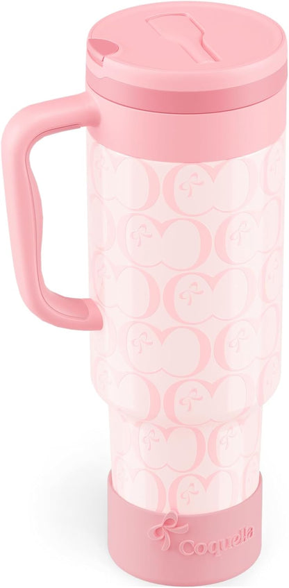 40 oz Insulated Tumbler with Handle and Push-Button Straw Lid, Stainless Steel Travel Cup for Gym Office, Leakproof, BPA-Free, Cup Holder Friendly, Bow Silicone Boot, Purple (Light Lilac)