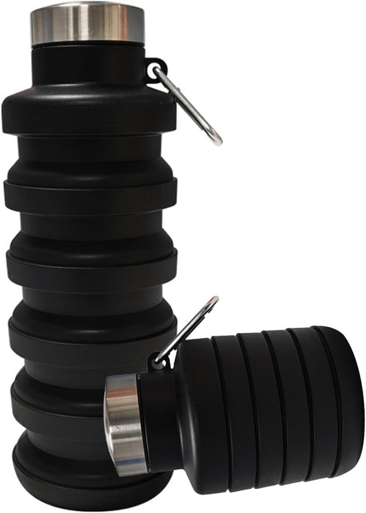 Collapsible Water Bottles,16oz Capacity Portable Reusable Silicone Water Bottle,Leak-proof,with buckle,foldable storage,Lightweight Durable for Fitness,Cycling,Sports,Camping,Hiking (Deep Black)