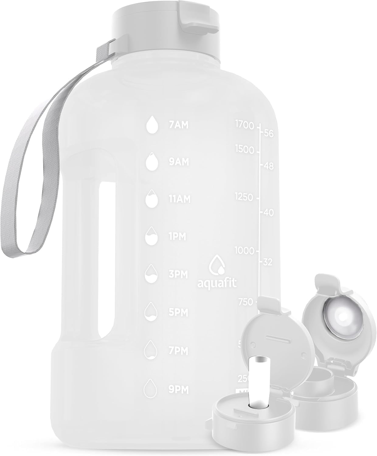 AQUAFIT 64 oz Water Bottle with Time Marker - Straw & Chug Lid - BPA Free Half Gallon Gym Water Bottle with Handle - Big Gallon Jug (Gray, 64 Ounces)