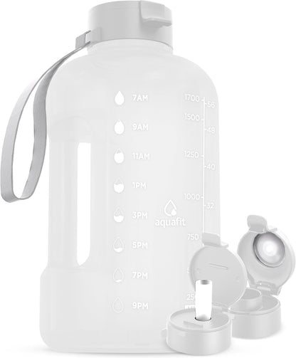 AQUAFIT 64 oz Water Bottle with Time Marker - Straw & Chug Lid - BPA Free Half Gallon Gym Water Bottle with Handle - Big Gallon Jug (Gray, 64 Ounces)