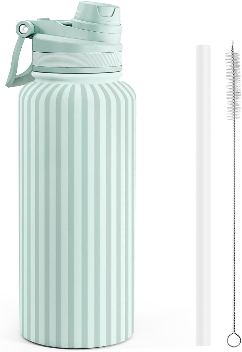 SANDJEST Pickleball Stainless Steel Water Bottle with Strap 32oz, Insulated Bottles with Straw and Spout Lid for Gym Sports Travel Outdoor, Gifts for Women Girls Birthday Christmas