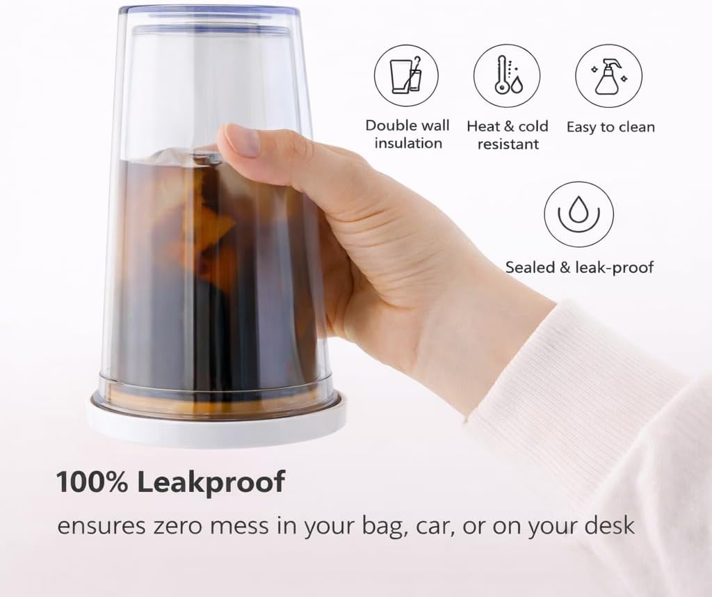 Reusable Iced Coffee Cup 16 Oz, Leakproof Iced Coffee Tumbler, Clear Plastic Tumbler with Lid and Straw, Double Wall Insulated, BPA-Free, No Sweat, for Hot and Cold Drinks